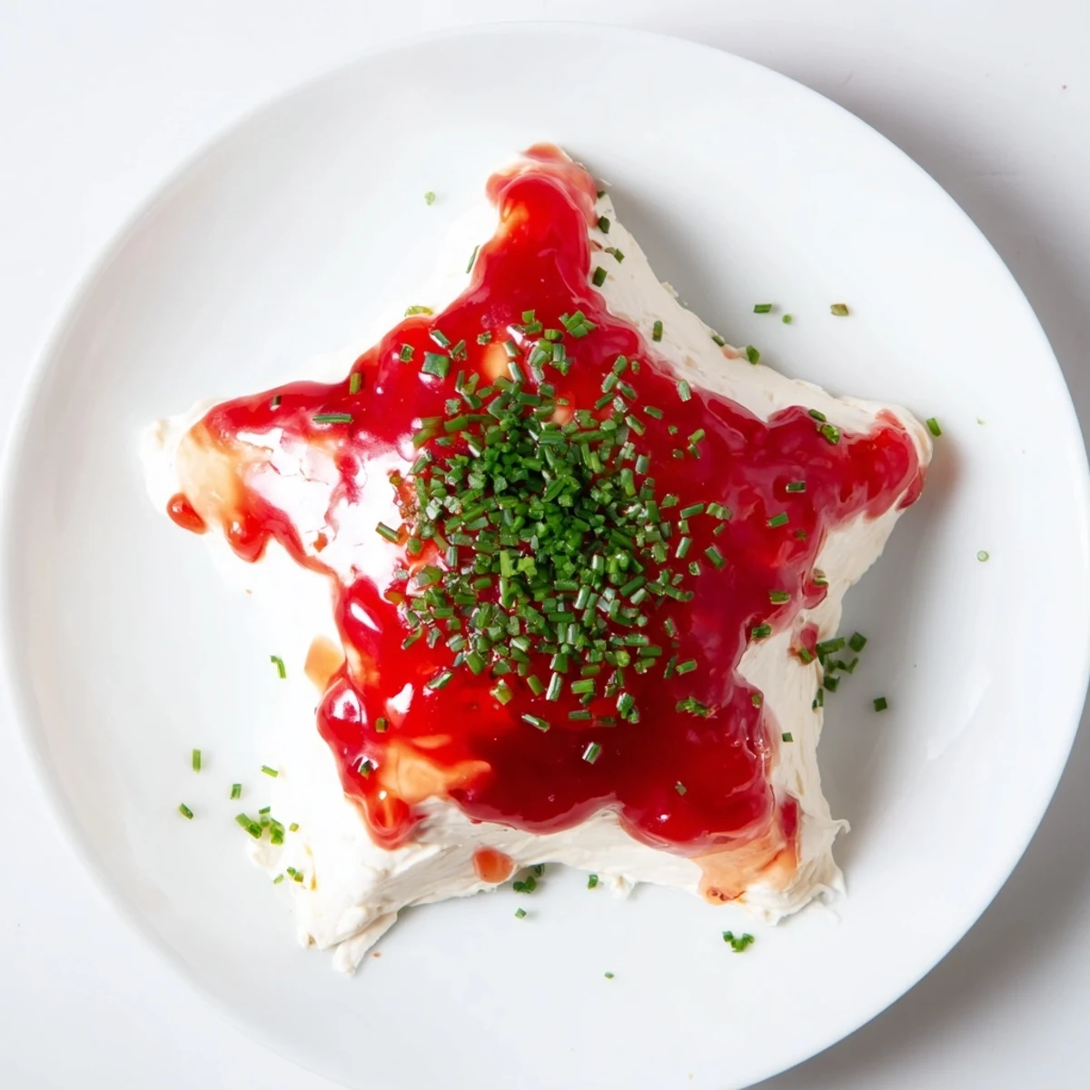 A creamy Cream Cheese and Pepper Jelly Star, ready to be served with crackers at your holiday party.