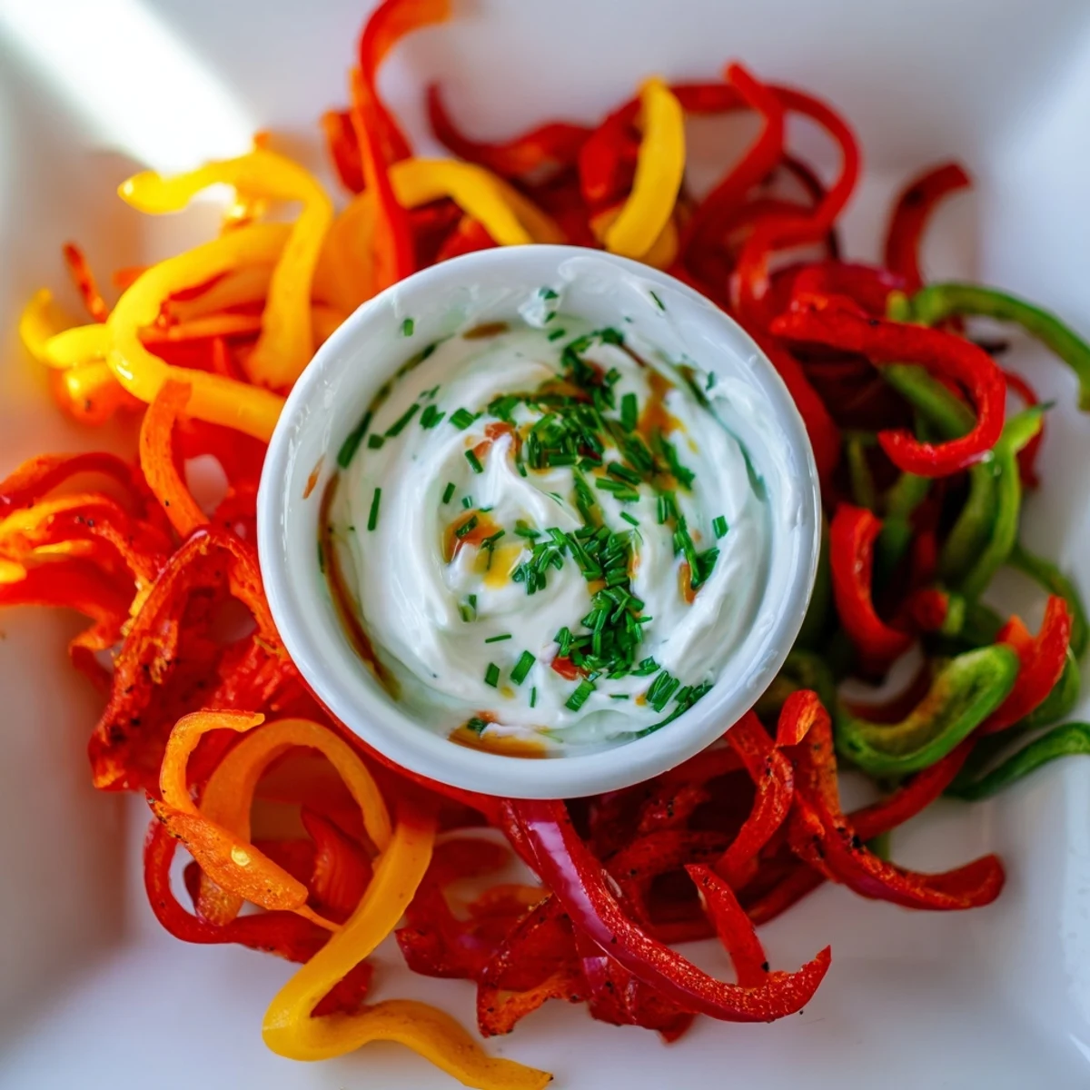 Crisp, colorful bell pepper strips and cool, creamy Greek yogurt dip, a healthy snack idea.