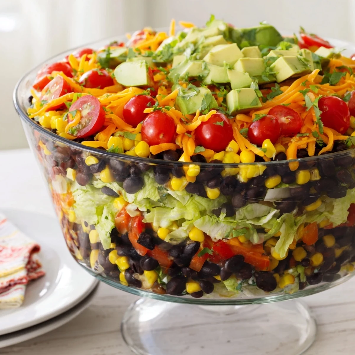 Southwest Sunset Palette salad features vibrant layers including a spicy red chili cheese blanket.