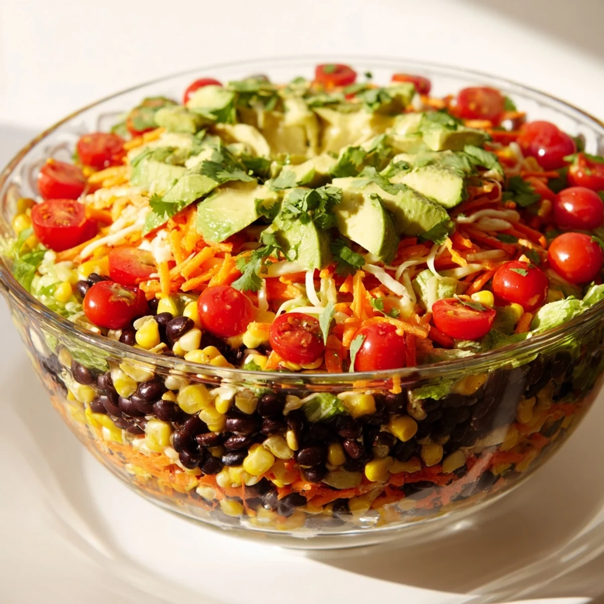 This Southwest Sunset Palette salad displays bright orange and yellow peppers layered with black beans.