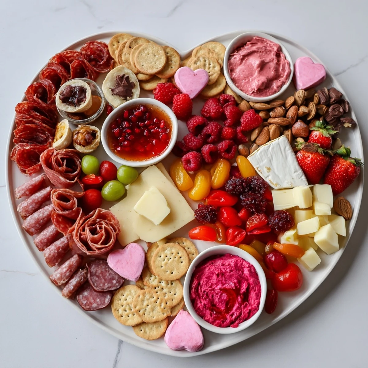 A visually appealing Heart of Romance Board with cheeses, fruits, and meats ready to serve.