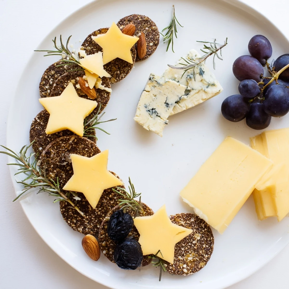 This Crescent Moon & Stars Cheese Board shows a stunning appetizer; creamy cheeses and gouda stars surround the dark crackers.