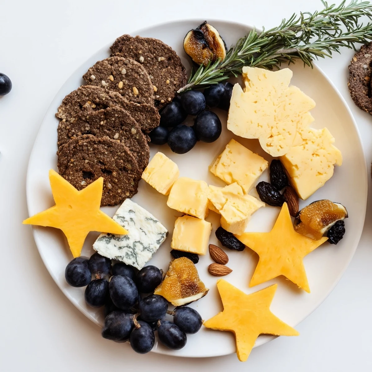Crescent Moon & Stars Cheese Board: A beautifully arranged cheese board with cracker crescent and cheese stars, perfect for entertaining.