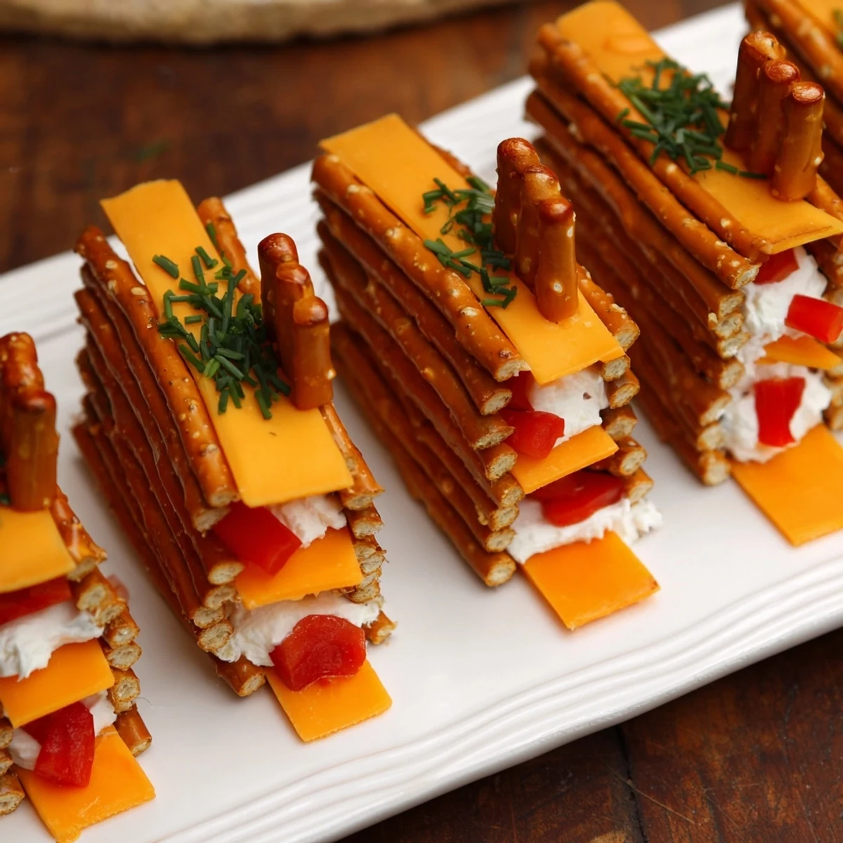 A delicious The Rustic Log Cabin appetizer with layers of cheese and pretzel "log" structure.