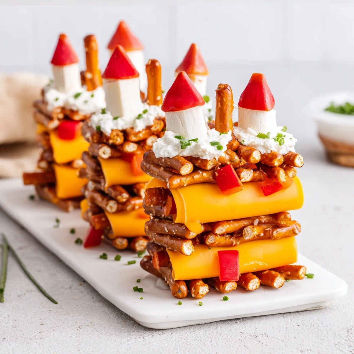 Bright, colorful The Rustic Log Cabin appetizer, cheese and pepper, ready to serve with crackers.