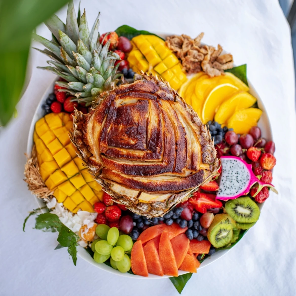 A bright Tropical Pineapple Paradise fruit platter, showcasing colorful mango and papaya slices alongside berries.