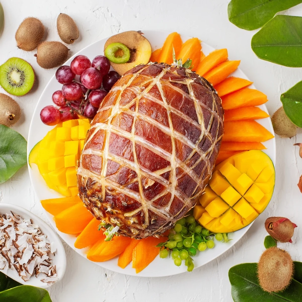 Freshly cut pineapple forms the centerpiece of this beautiful Tropical Pineapple Paradise dessert arrangement.