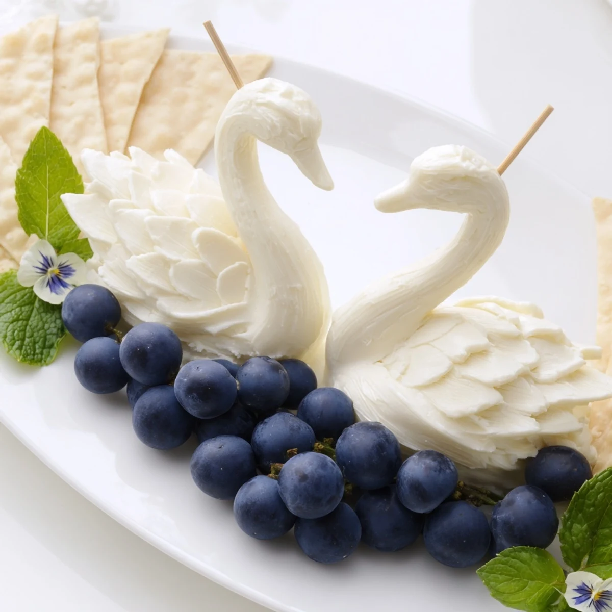 Elegant Swan Lake appetizer board with cheese swans and vibrant blue grapes, ready to serve.