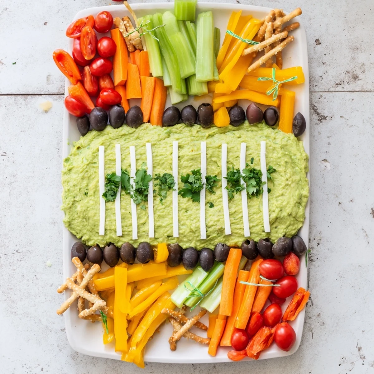 Game day football field snack board with colorful dips, crunchy snacks, and cheese yard lines.