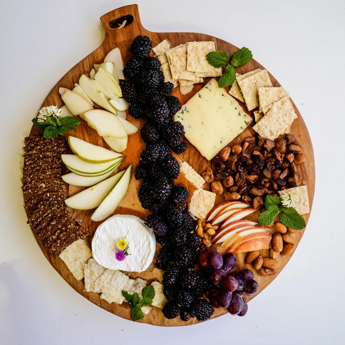 A beautifully arranged Yin-Yang Balance appetizer board with vibrant cheeses and fresh fruit.