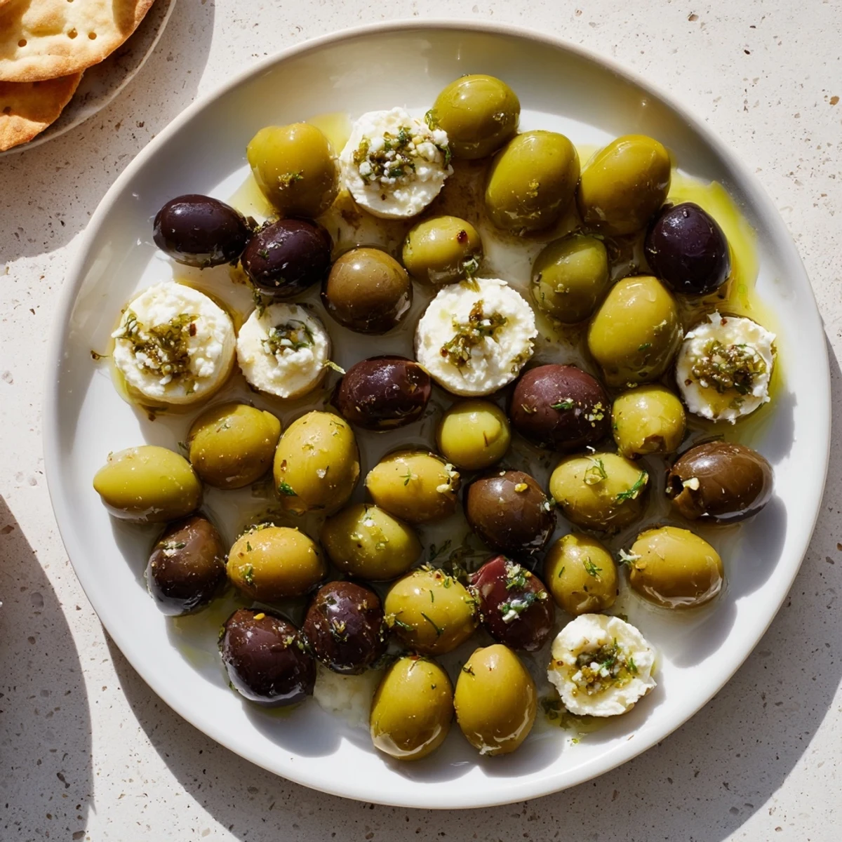Close-up view of The Cobblestone Courtyard, an appetizer arrangement of olives and crackers.
