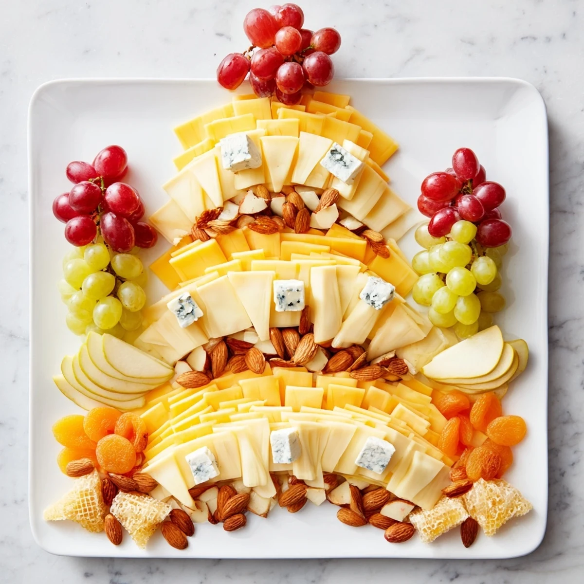 Art Deco Arch Cheese Platter with layered cheese fans and vibrant red grapes, ready to serve.