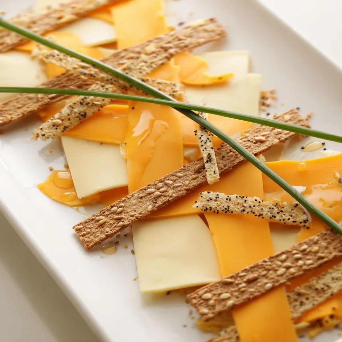 Garden Gate Lattice appetizer shows woven cheese and cracker strips, ready for dipping and delightful snacking.