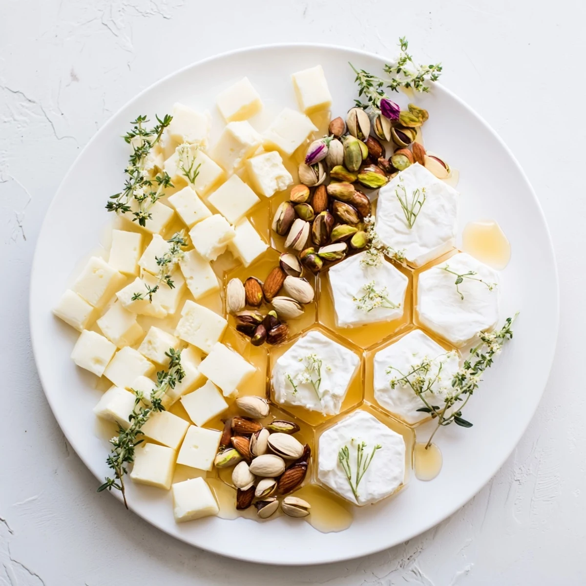 Honeycomb Hexagon Maze cheese platter, arranged with creamy cheeses and drizzled honey, ready to serve.