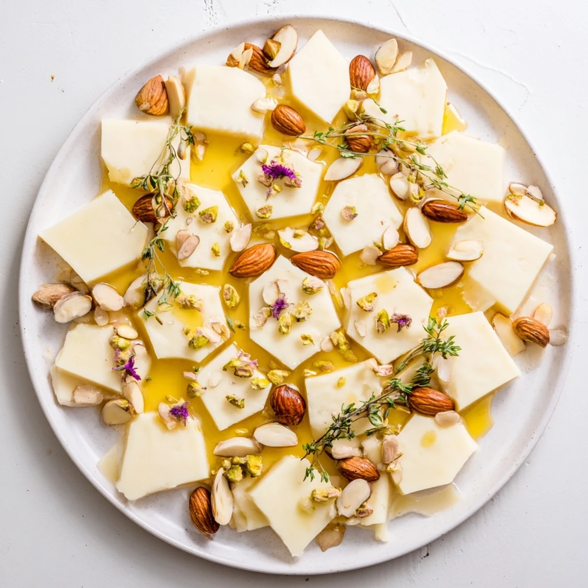 Elegant honeycomb hexagon maze featuring a beautiful arrangement of cheeses, nuts, and drizzled golden honey.