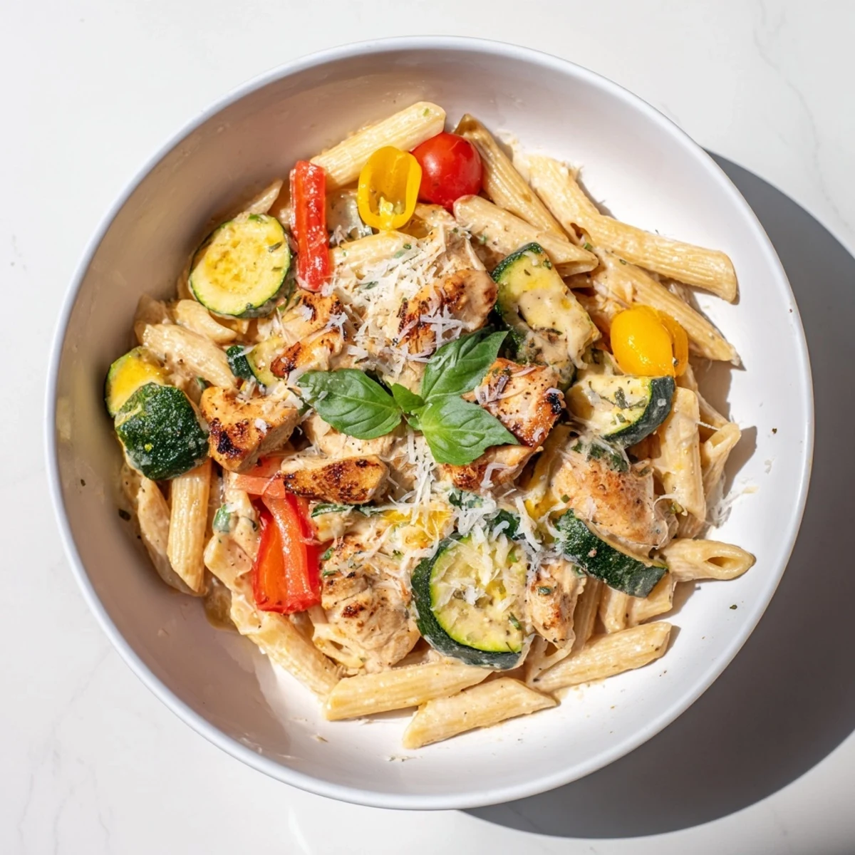 Steaming 5-4-3-2-1 Pasta Primavera: Colorful vegetables and chicken are tossed in creamy sauce.