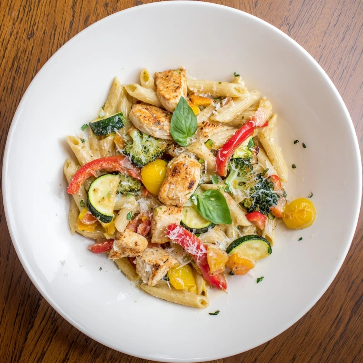 Bright, flavorful 5-4-3-2-1 Pasta Primavera topped with grated Parmesan and fresh basil, ready to eat.