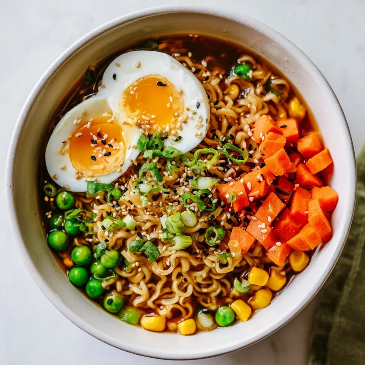 Steaming bowl of Ramen Upgrade with Frozen Peas, garnished with sliced green onions and soft boiled egg.