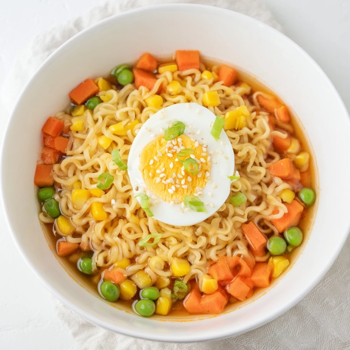 Perfectly cooked Ramen Upgrade with Frozen Peas, ready to eat, served in a warm, inviting bowl.