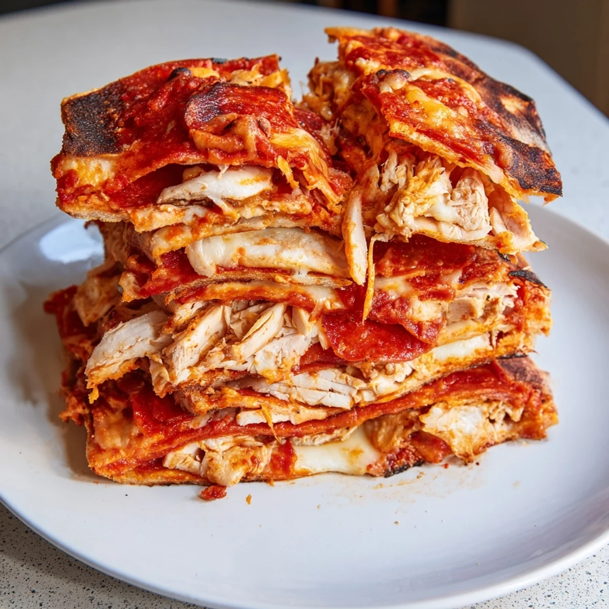 Golden brown Leftover Pizza Grilled Cheese with melted cheese oozing out, a delicious snack.