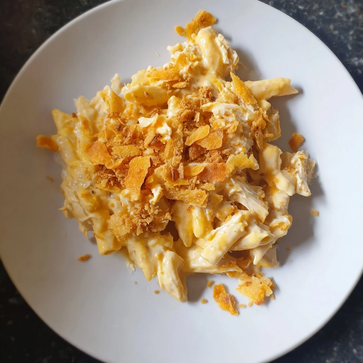 A close-up of creamy Struggle Meal Chicken Macaroni, a budget-friendly and delicious comfort food.