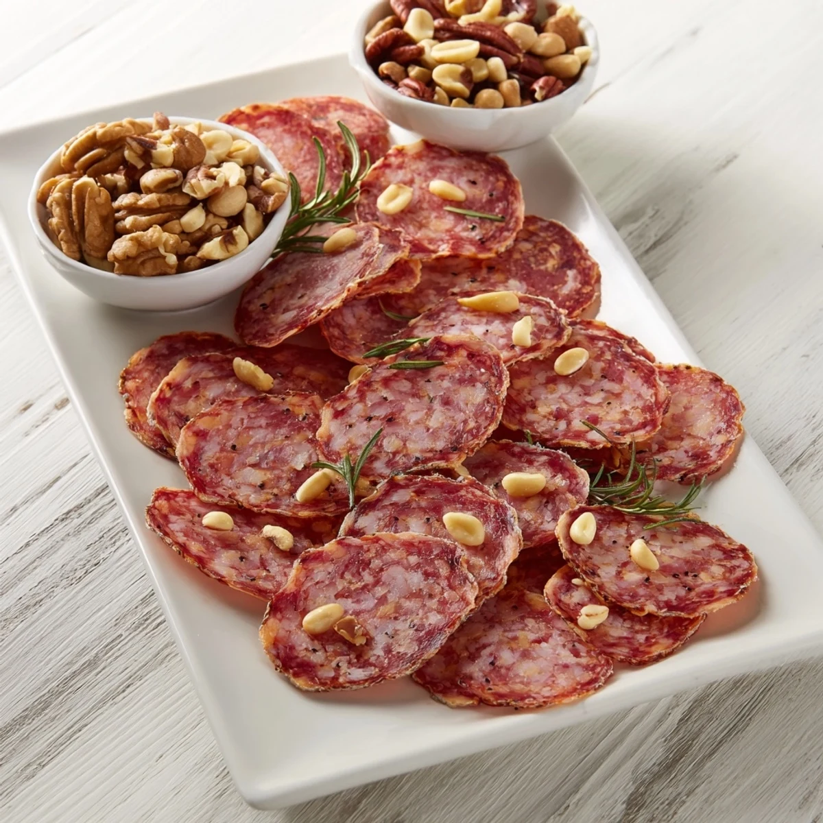 Appetizing The Infinity Loop appetizer: salami arranged in a beautiful figure-eight with mixed nuts.
