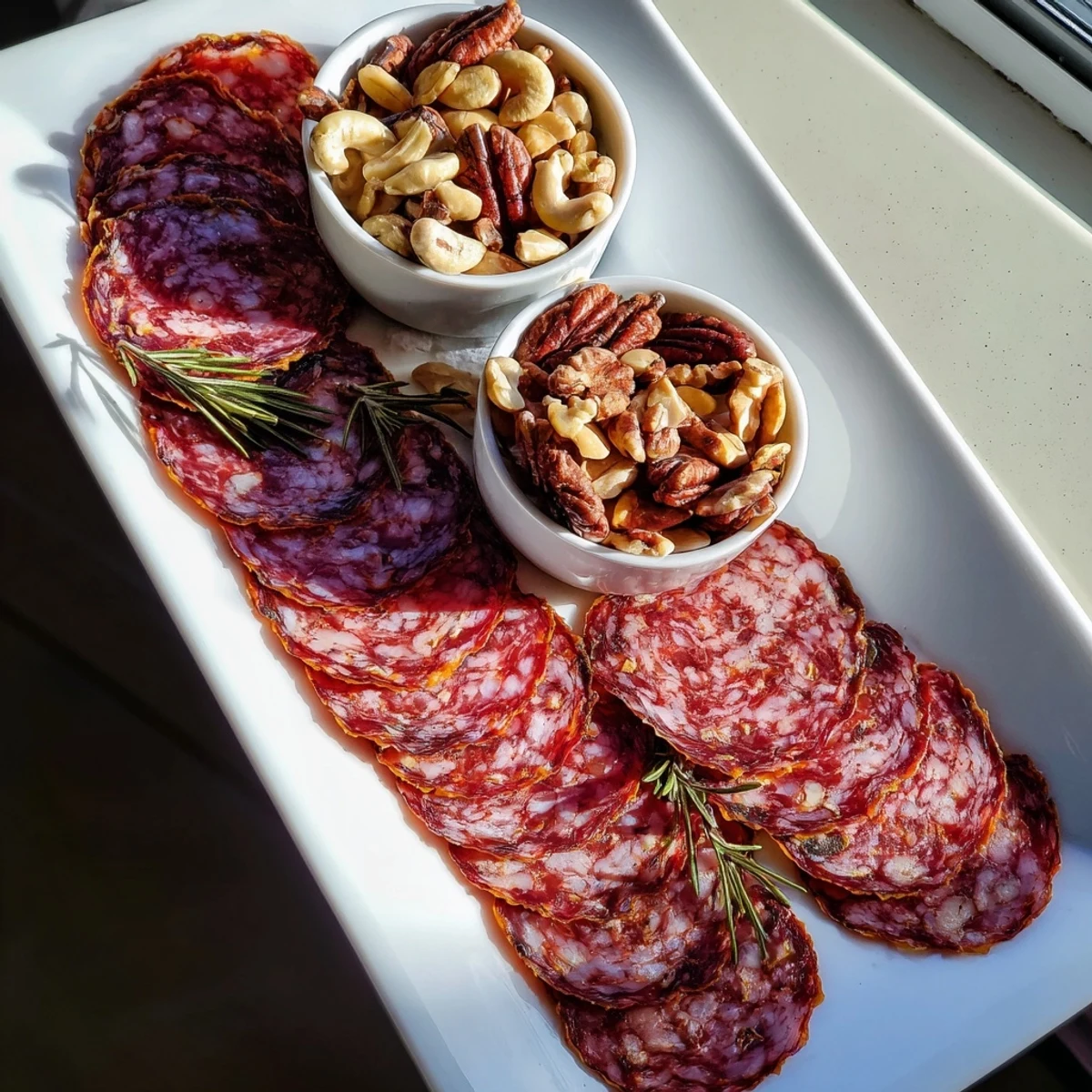 Elegant presentation of The Infinity Loop: artful salami loop alongside bowls of savory mixed nuts.