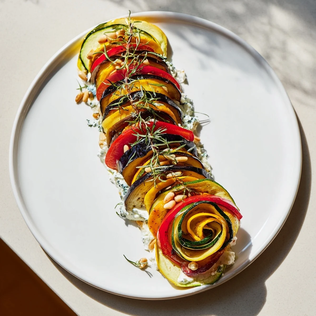 Golden spiral of The Snail Shell Spiral appetizer, colorful vegetables layered over creamy goat cheese.