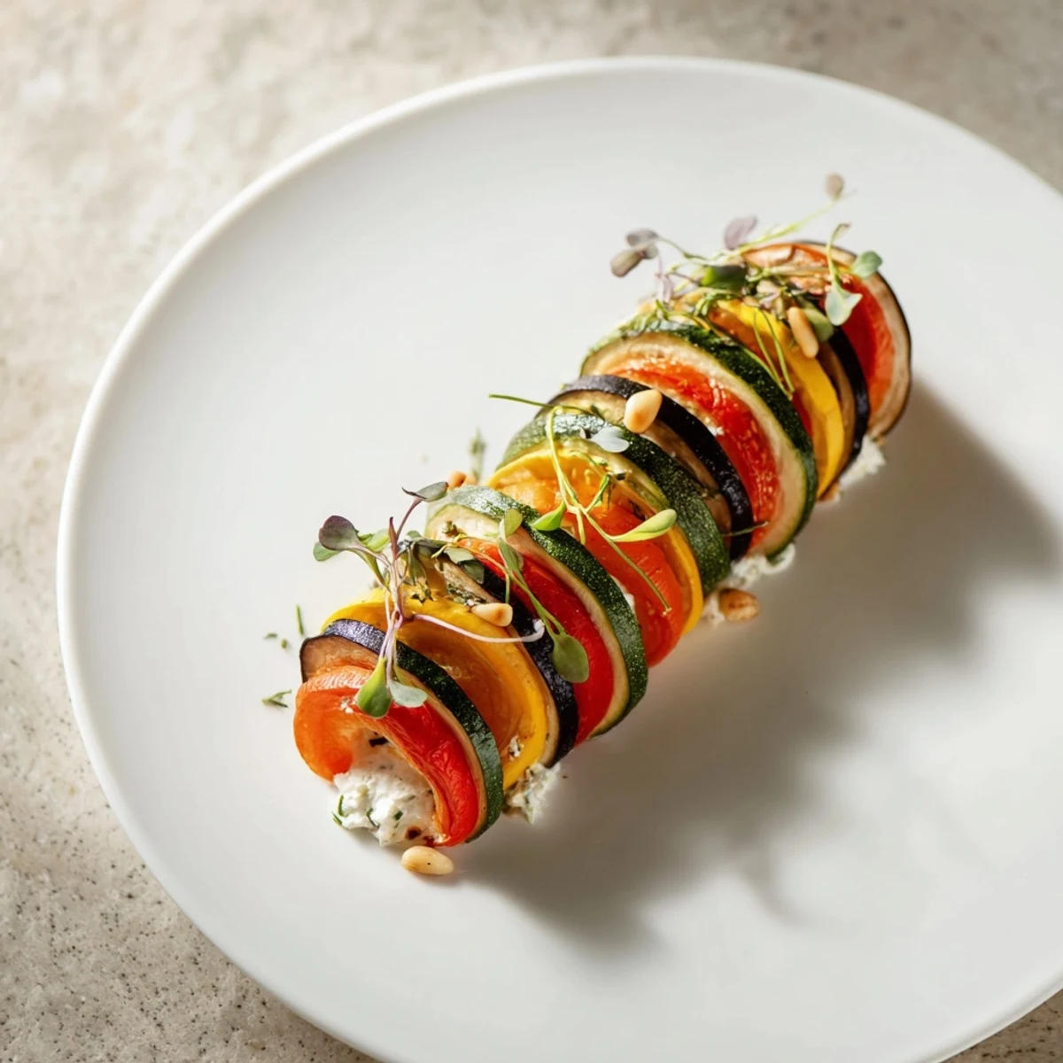 Close-up of The Snail Shell Spiral, a stunning vegetarian appetizer with spiral vegetable arrangement.