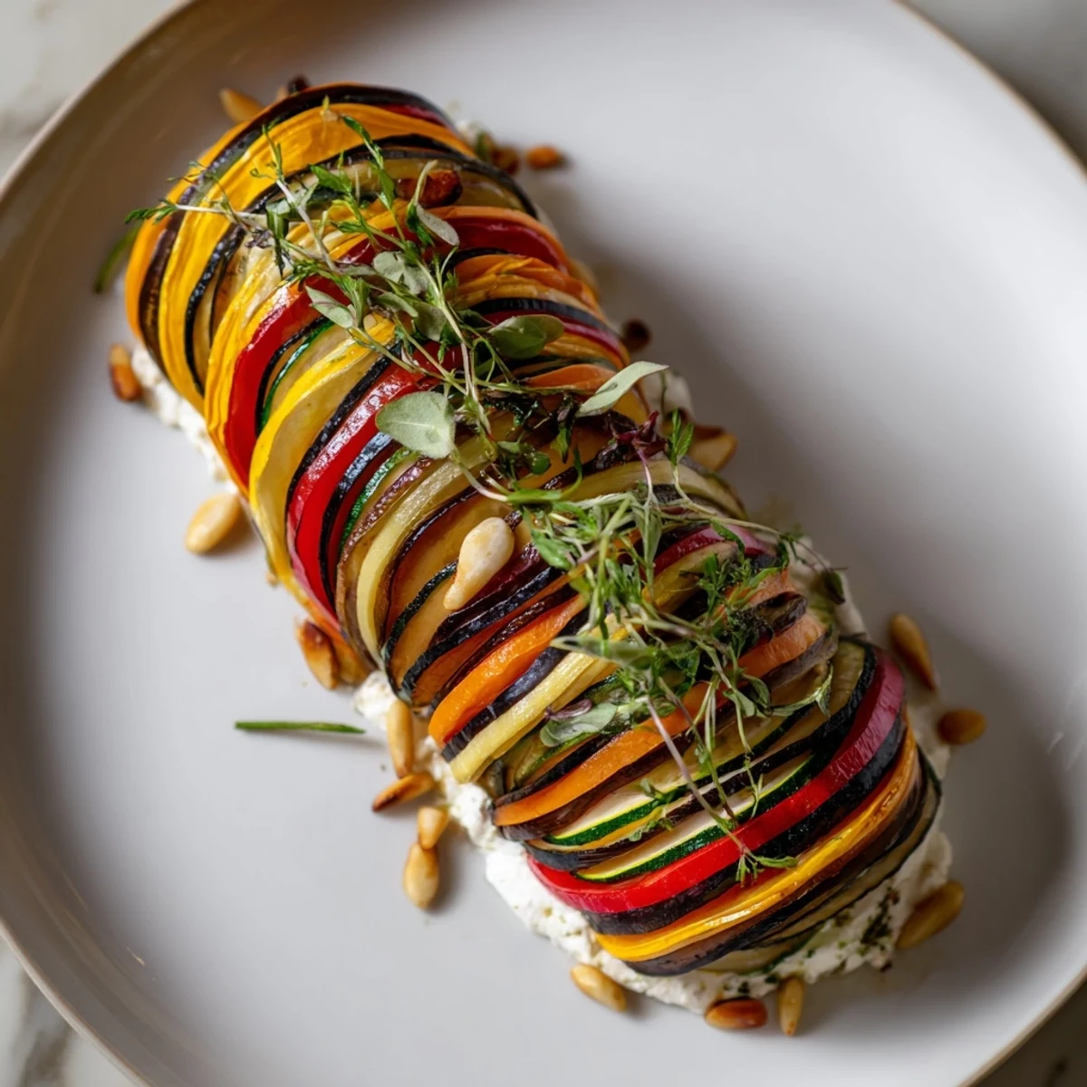 Elegant, vibrant presentation of The Snail Shell Spiral, bursting with fresh roasted vegetables and herbs.