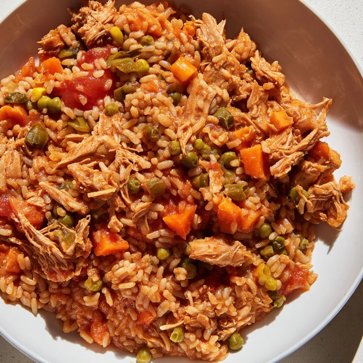 Steaming One-Pot Chicken and Rice features tender chicken and fluffy rice with vibrant vegetables appealingly pictured.