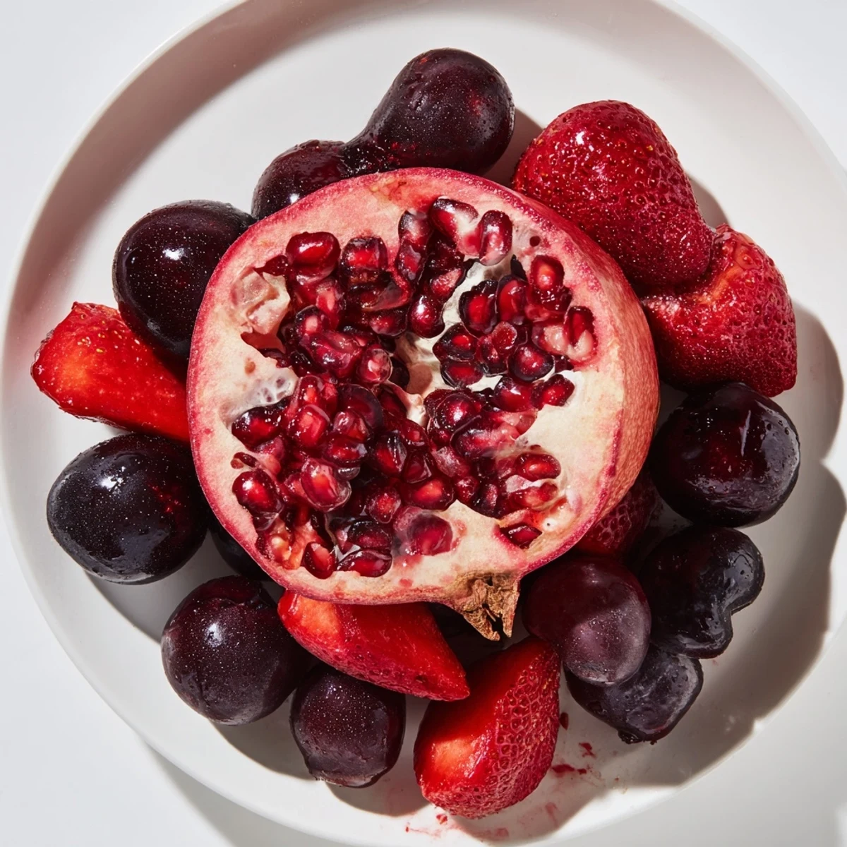 Vibrant Pomegranate Pivot fruit platter showcasing layers of red, pink, and white fresh fruit, ready to serve.