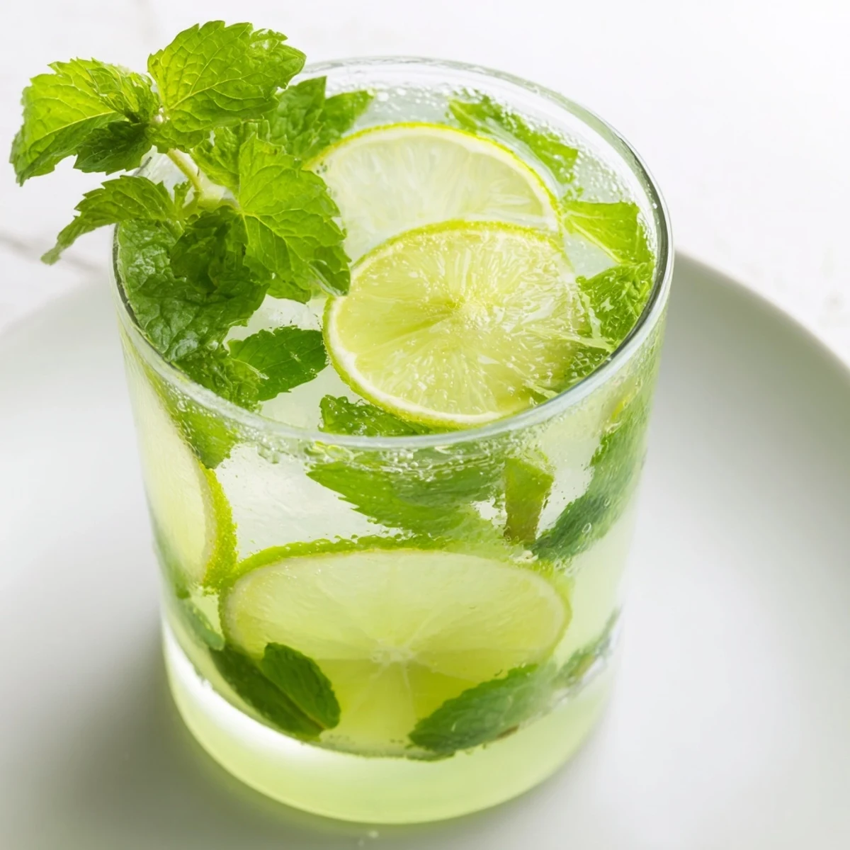 A close-up shot of the blended Mint Lime Agua Fresca, showing the fresh mint and lime slices.