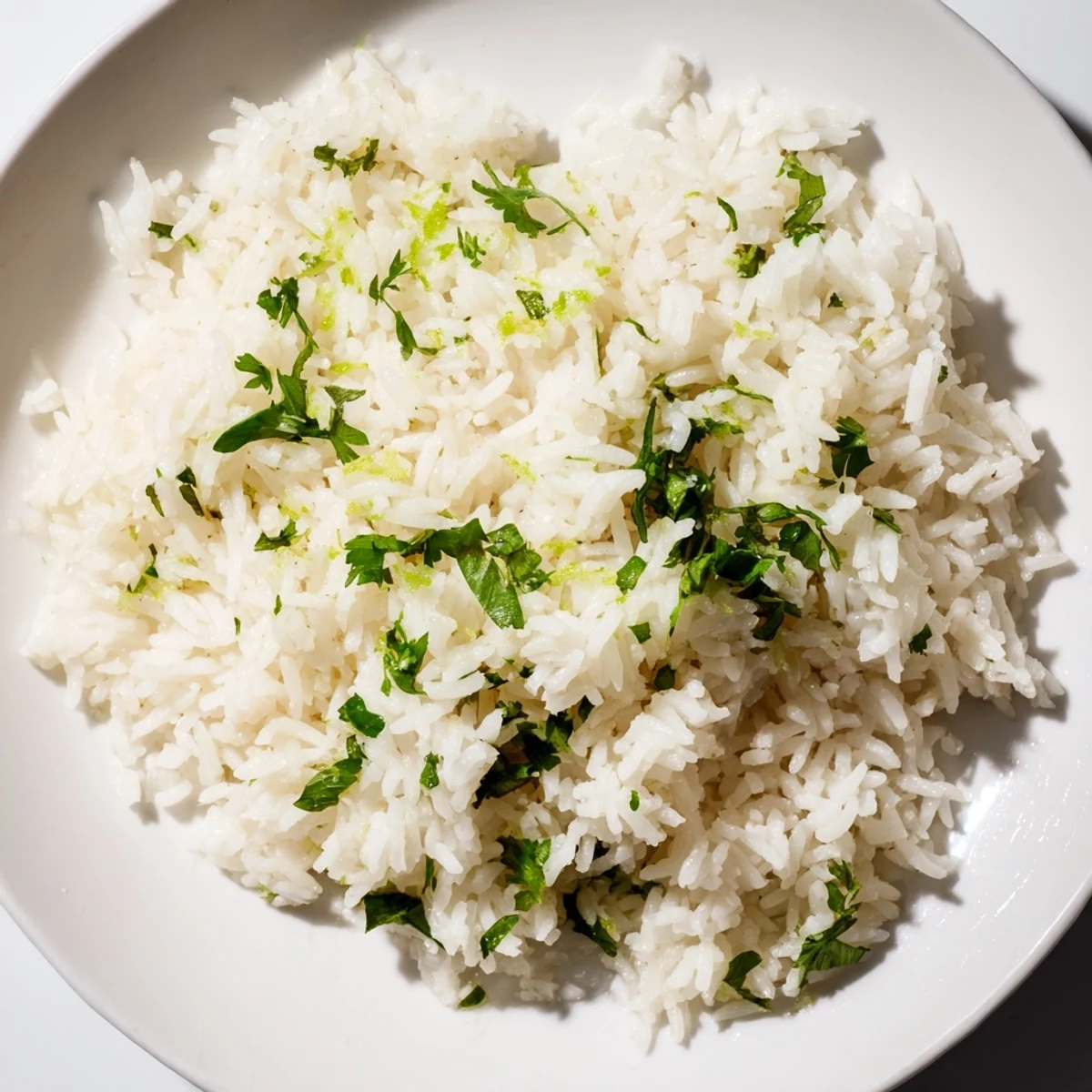 A vibrant bowl of cilantro lime rice, with flecks of green, offering a bright, zesty aroma.