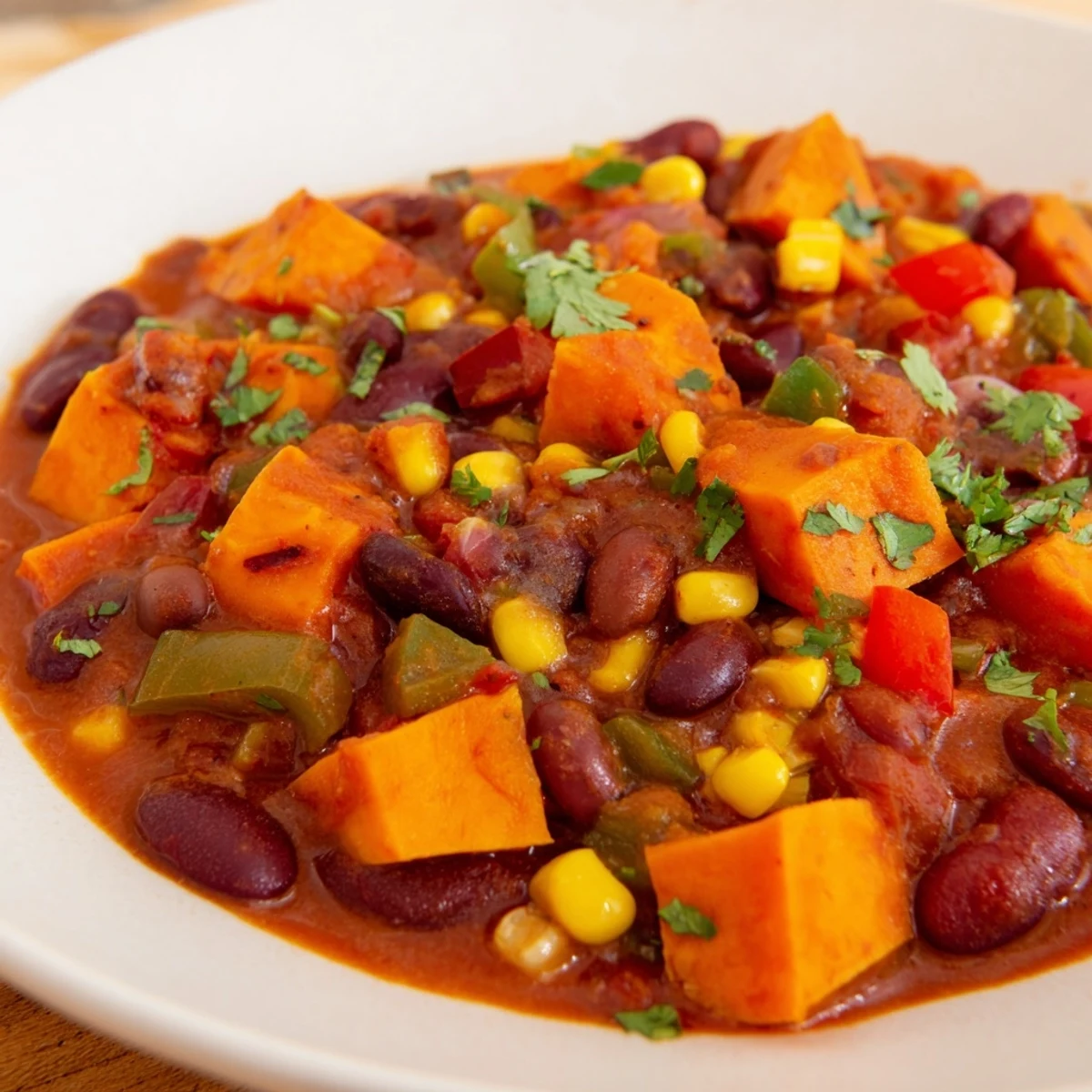 Hearty and flavorful Smoky Sweet Potato Chili, filled with chunky vegetables and smoky aroma.