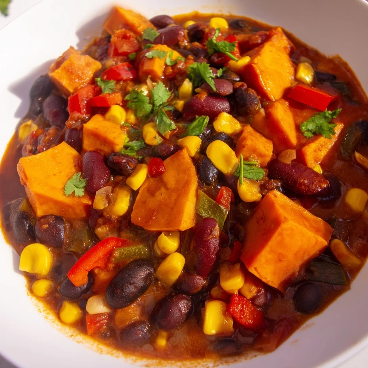 A steaming bowl of Smoky Sweet Potato Chili with vibrant garnishes, perfect comfort food.
