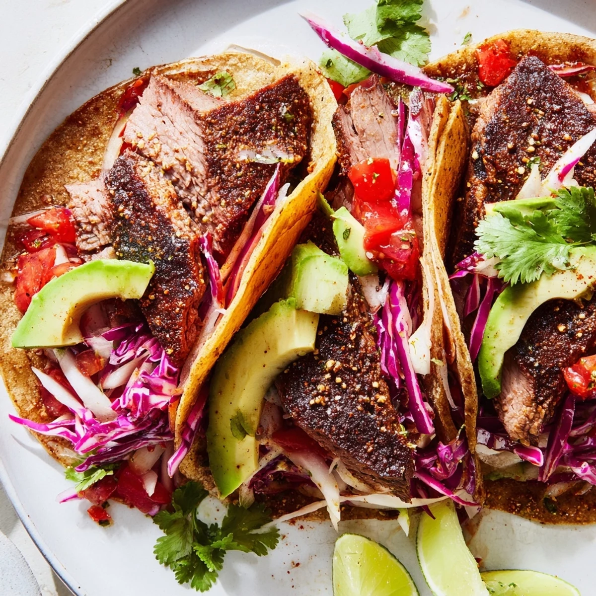 A close-up shows perfectly grilled Coffee-Rubbed Steak Tacos, showcasing the coffee-rubbed crust on the meat.