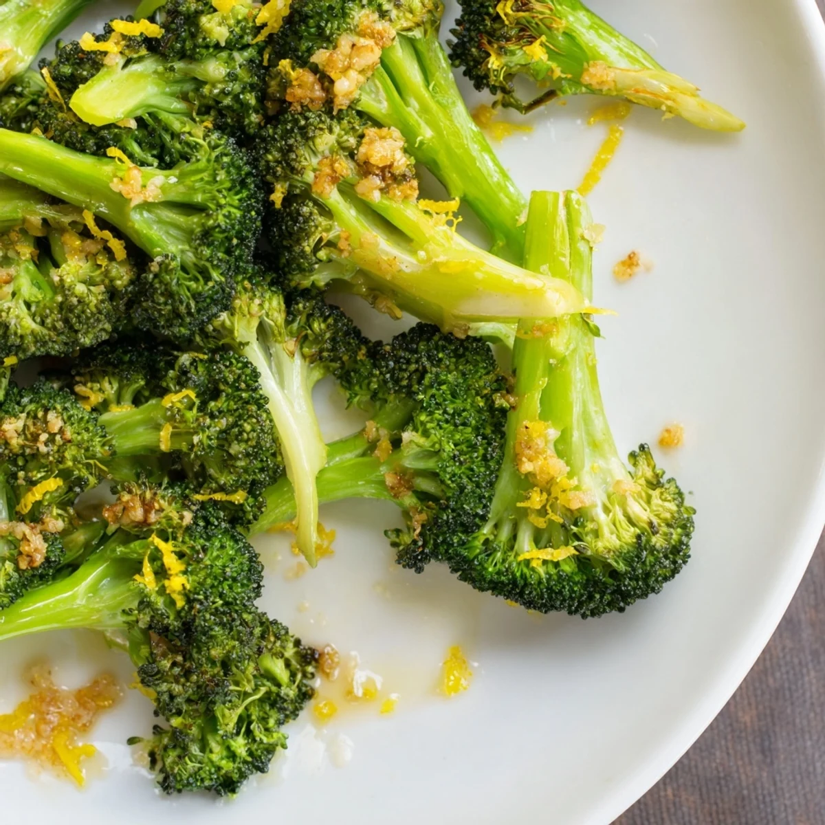 Golden-brown Lemon Garlic Roasted Broccoli glistens after roasting, a savory and bright side dish.