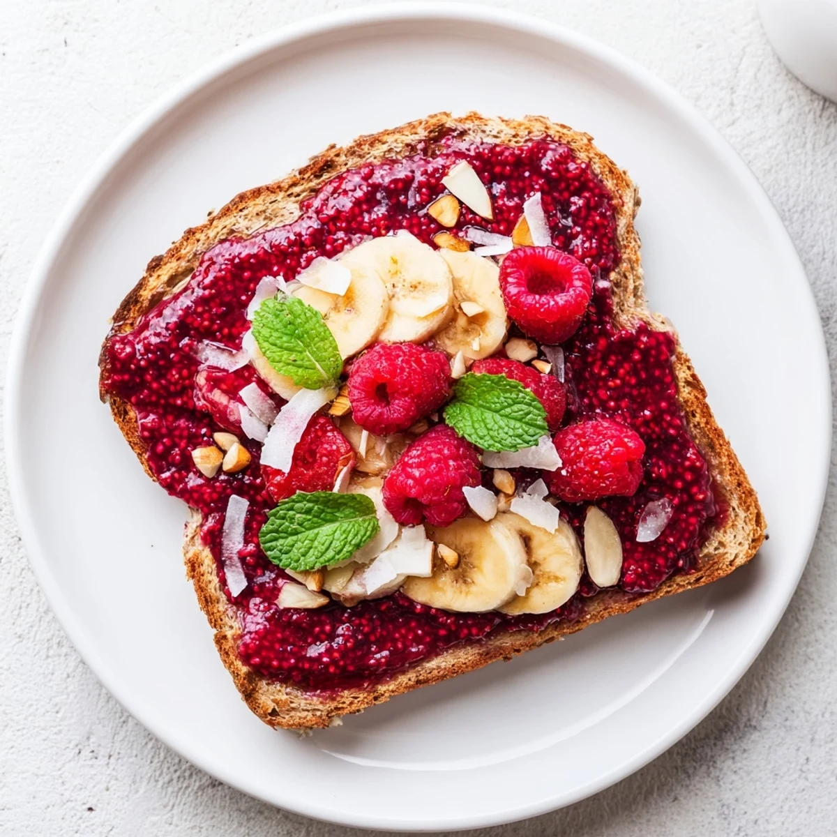 Warm, golden toast generously spread with vibrant raspberry chia jam, a healthy breakfast option.
