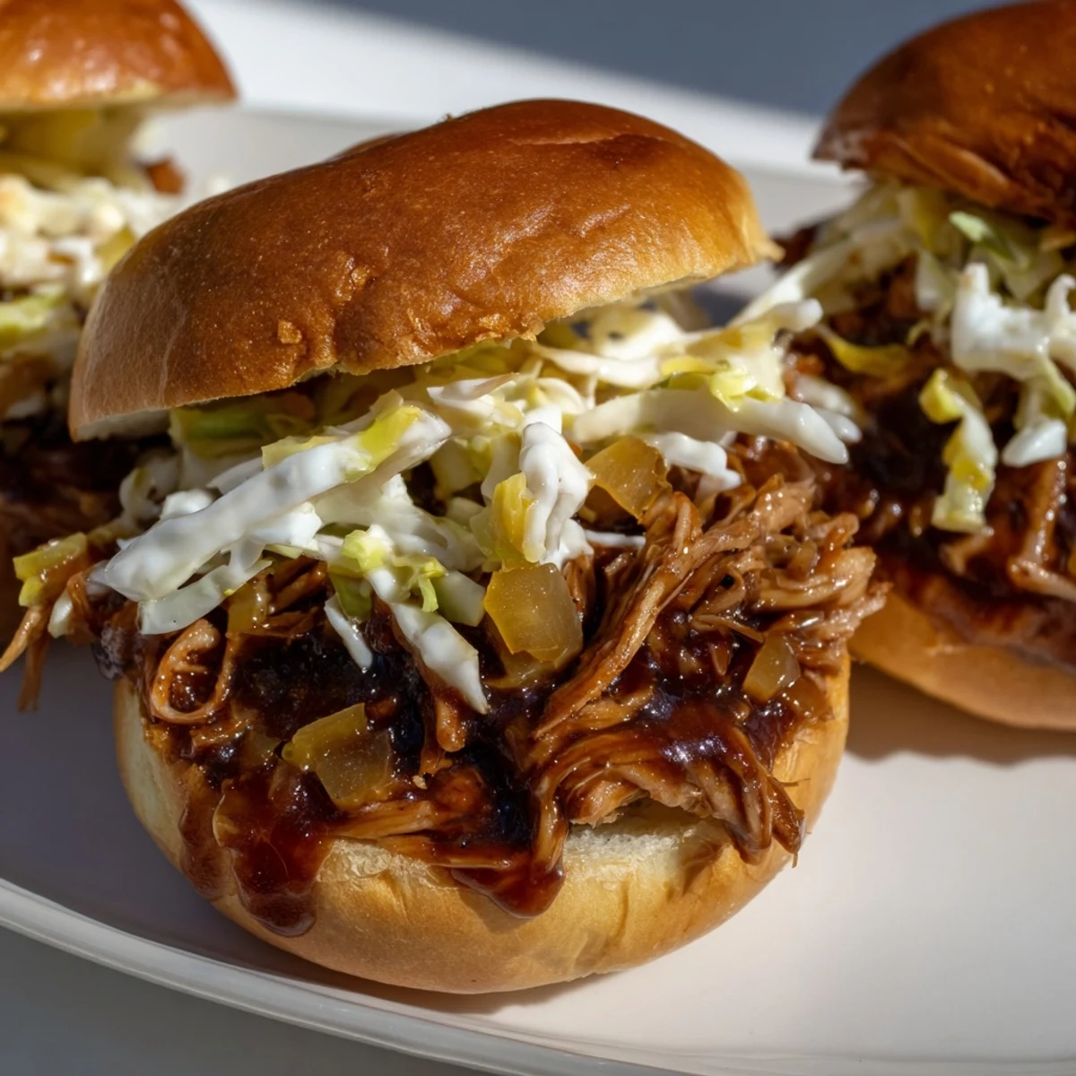Smoky BBQ jackfruit sliders: tender pulled jackfruit spilling from toasted vegan buns, topped with creamy coleslaw.