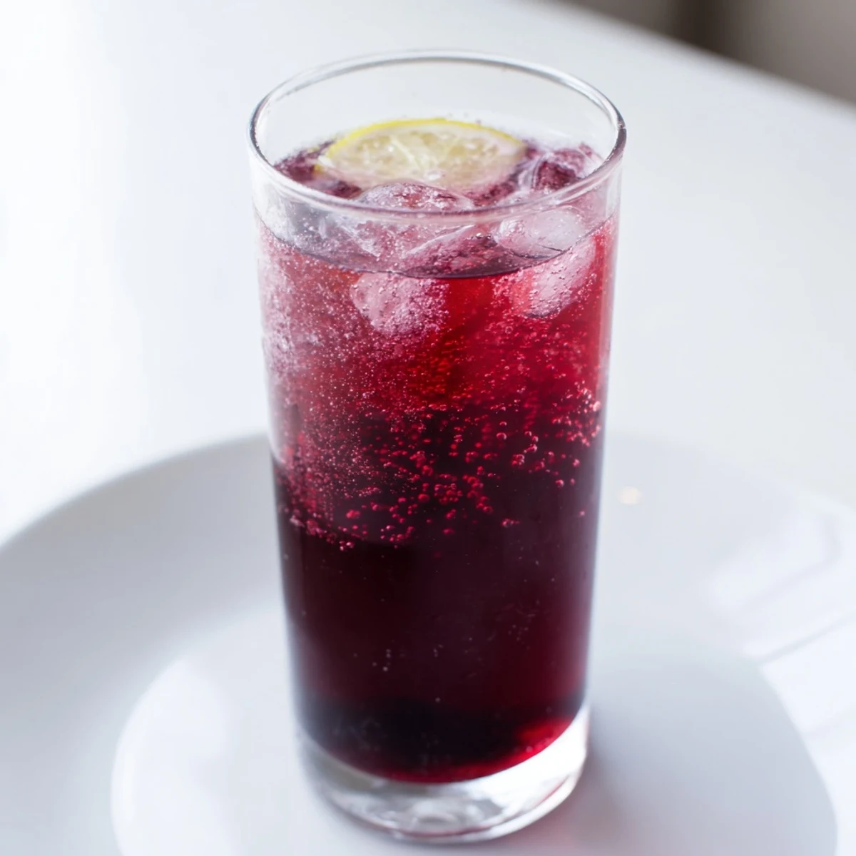 A refreshing Sleepy Girl Mocktail with a deep red hue, garnished with a bright lemon wheel.