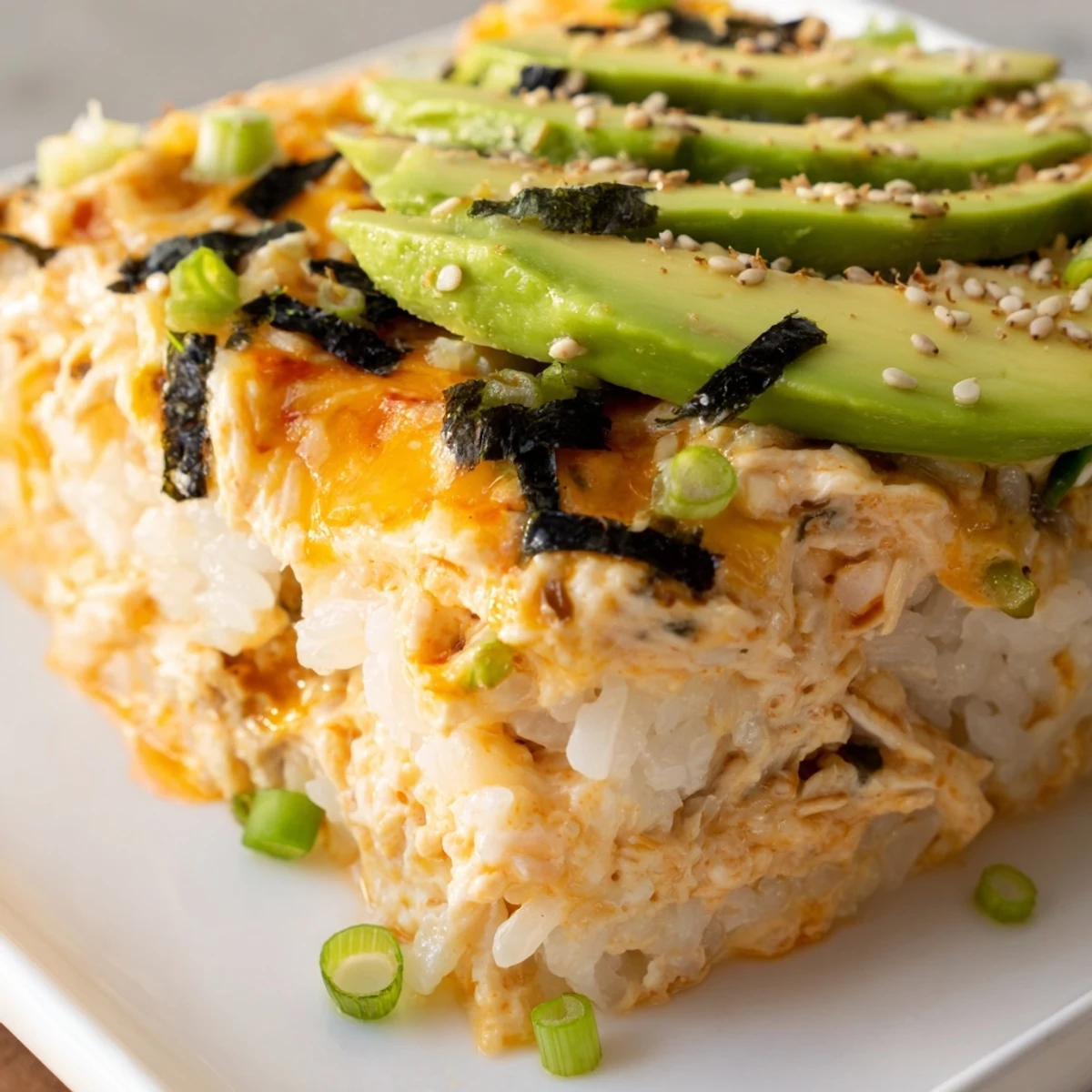A creamy Chicken Sushi Bake, featuring tender chicken atop perfectly seasoned rice, ready to serve and enjoy.