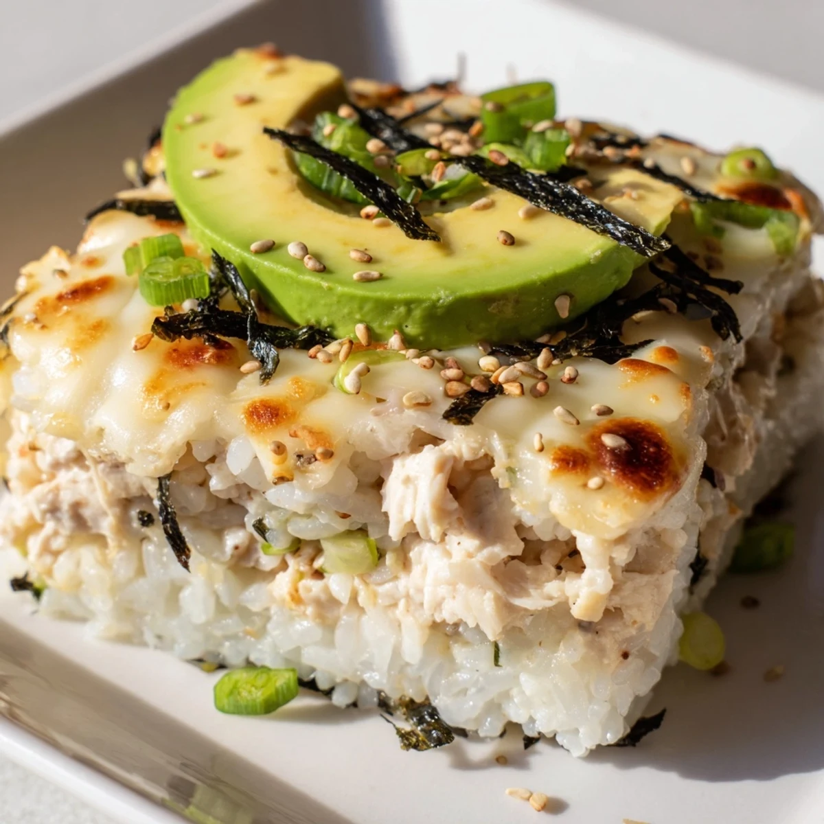 Golden-brown and bubbly, the Chicken Sushi Bake is topped with melted cheese and sesame seeds.