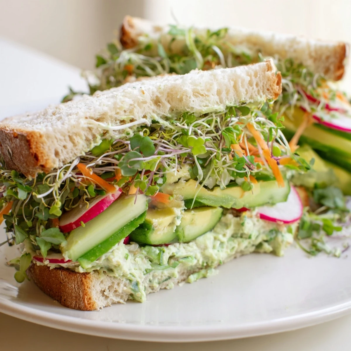 A close-up of a loaded Green Goddess Sandwich showcases colorful vegetables and creamy spread.