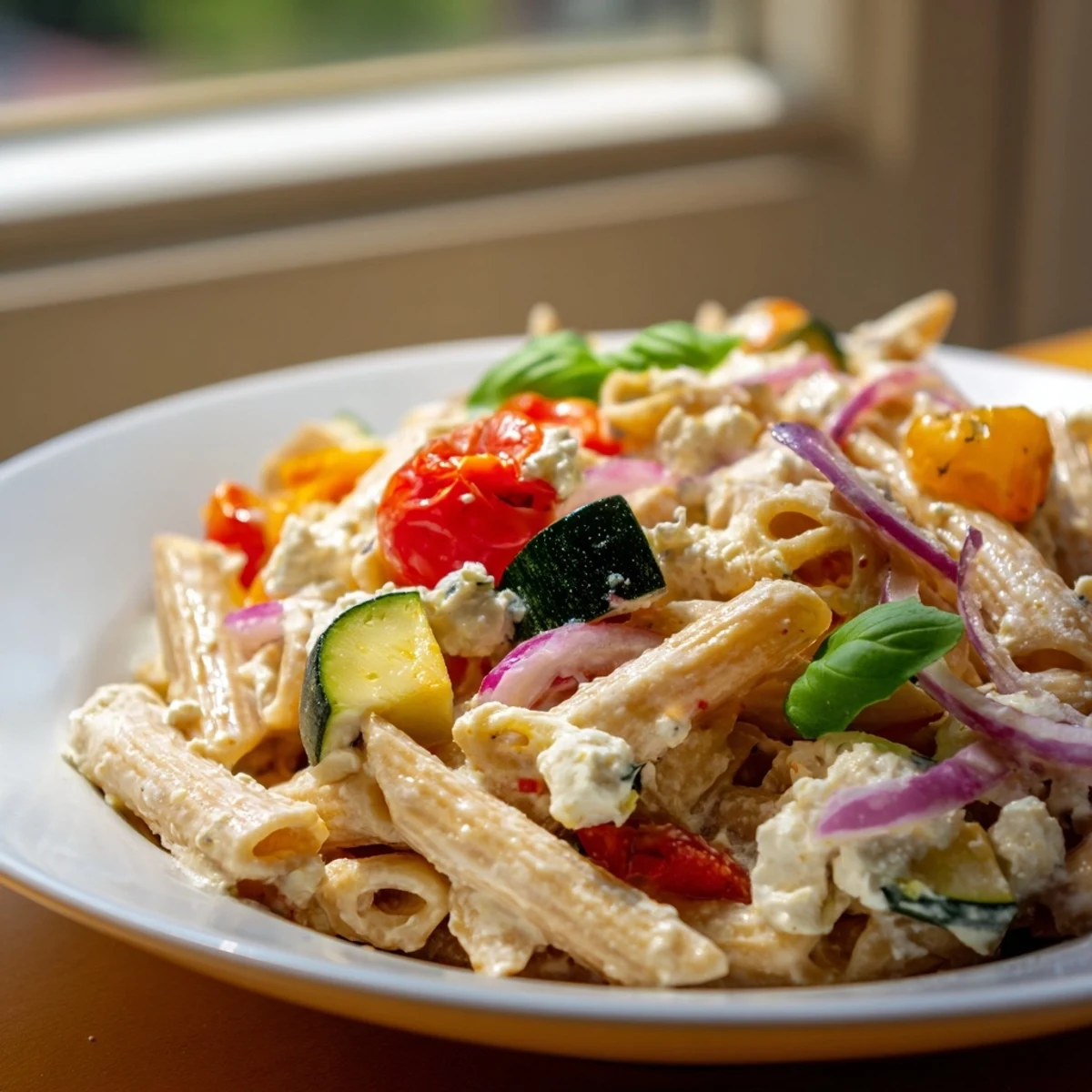 Golden-brown Baked Feta Pasta, mingling roasted tomatoes and vegetables; a flavorful, vegetarian meal.