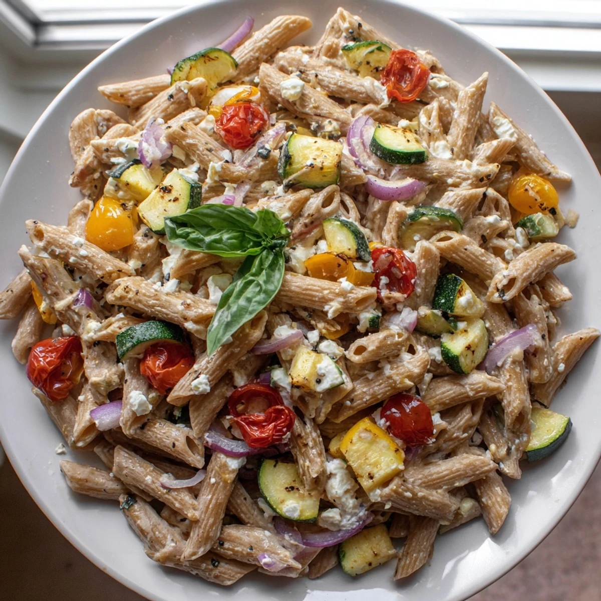 Creamy, vibrant baked feta pasta, with whole-grain pasta and fresh basil for a Mediterranean dinner.