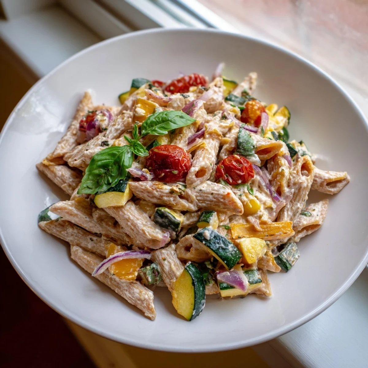 Hot, bubbly baking dish of baked feta pasta, featuring soft feta and caramelized vegetables, ready to serve.