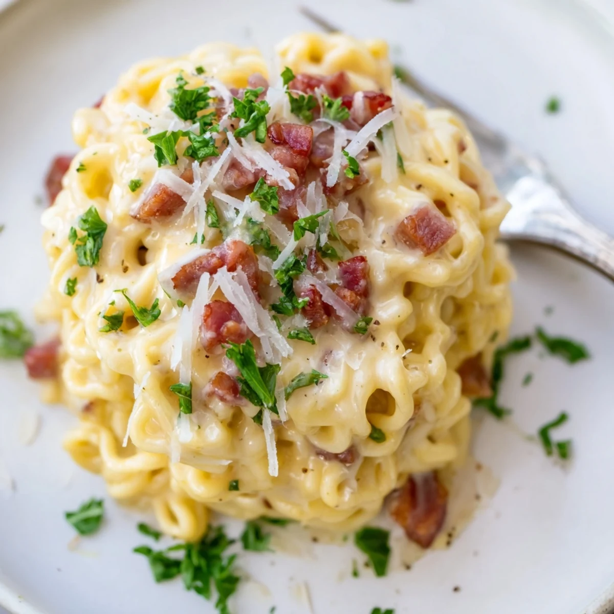 Steaming bowl of Ramen Carbonara Hack with perfectly coated noodles, rich cheese sauce, and optional bacon.