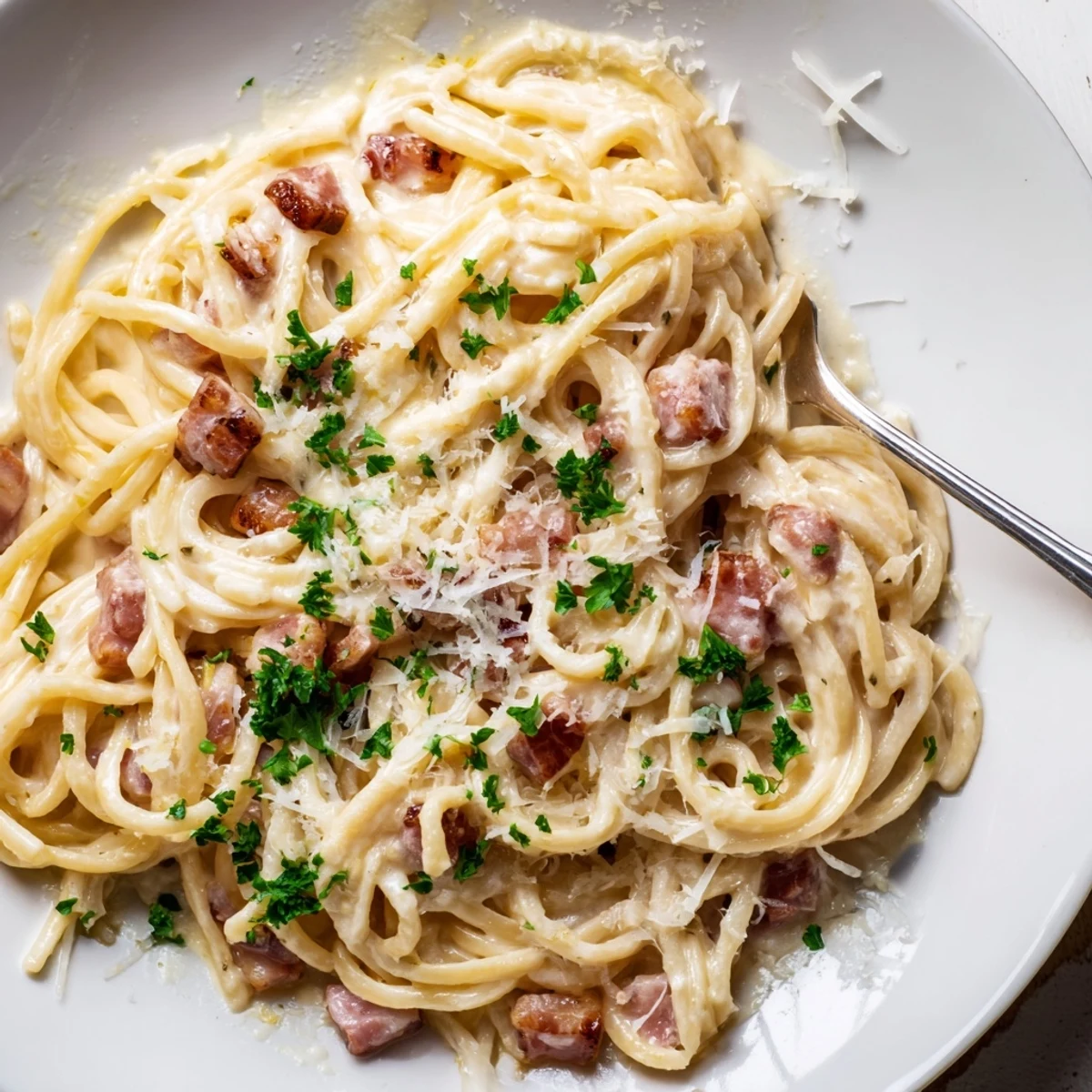 A close-up of creamy Ramen Carbonara Hack, featuring grated Parmesan and vibrant green parsley garnish.