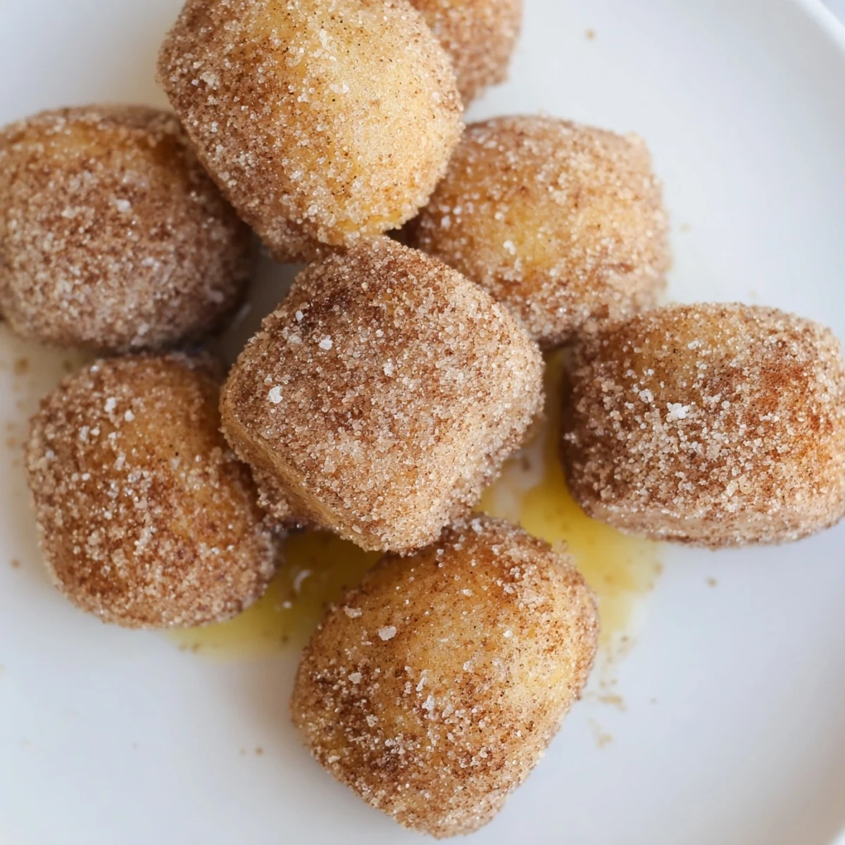 Golden air fryer cinnamon donuts, glistening with cinnamon sugar, perfect for a quick breakfast treat.